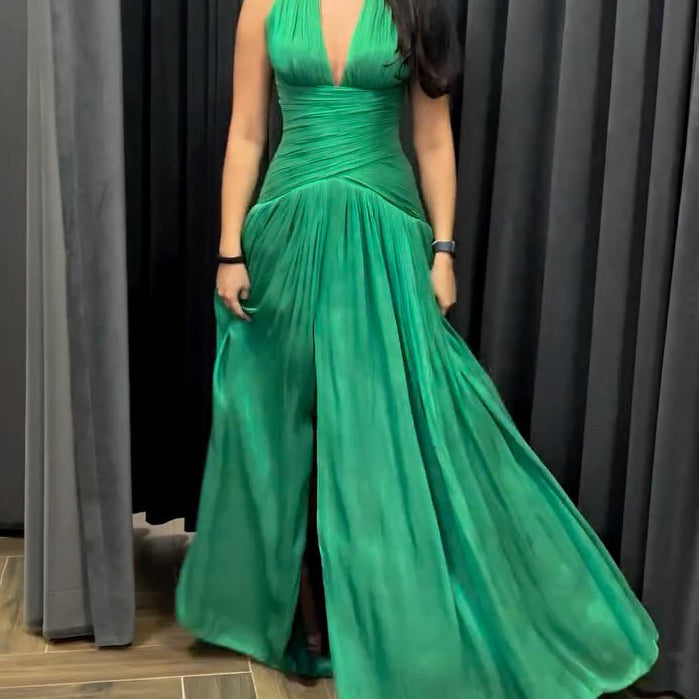 Emerald Green Plunging Neckline Gown With Pleated Skirt And Side Slit