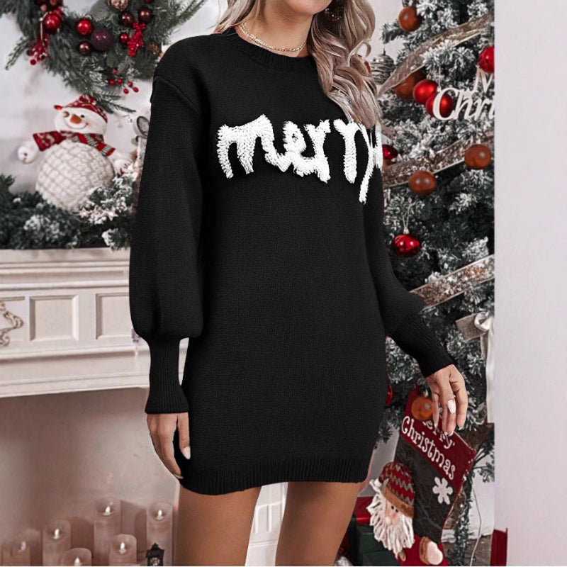 Merry Christmas Lantern Sleeve Knit Mini Dress - black