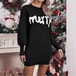 Merry Christmas Lantern Sleeve Knit Mini Dress - black
