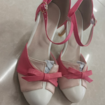 Colour-Block Bow Ankle-Strap Heels - pink