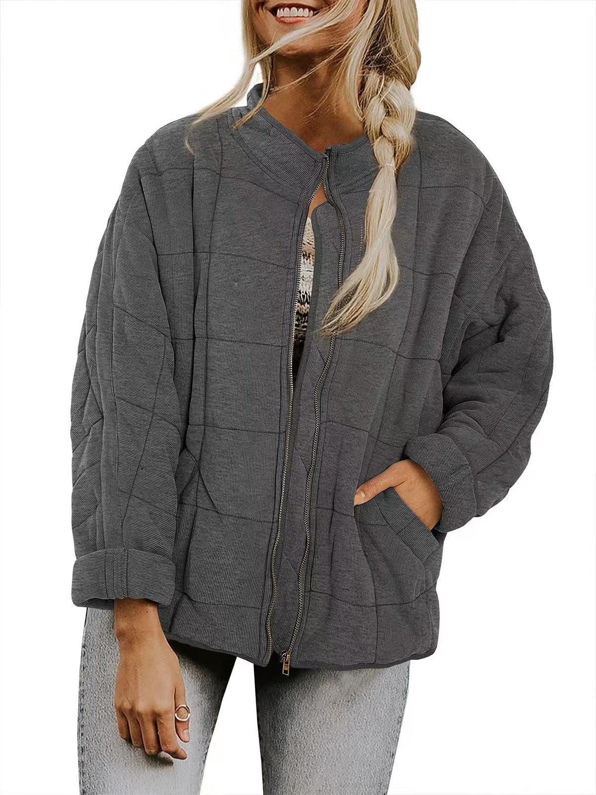 Zip-up Stand Collar Coat With Pockets