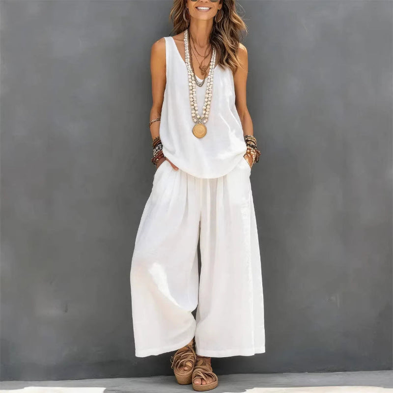 Casual Sleeveless Tank Top And Wide-Leg Pants - white