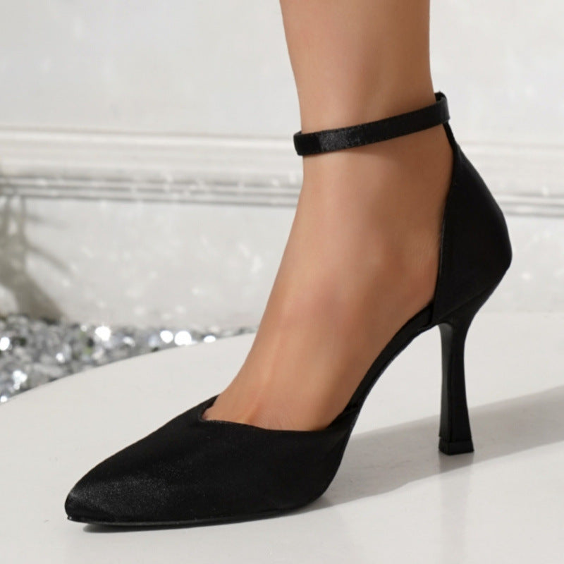 Black & Nude Satin Pointed-Toe Pearl-Charm Ankle-Strap Stiletto Heels - black