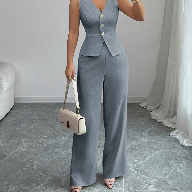 Sleeveless Slim V-neck Vest And High Waist Trousers Two-piece Set - light blue