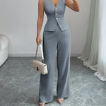 Sleeveless Slim V-neck Vest And High Waist Trousers Two-piece Set - light blue