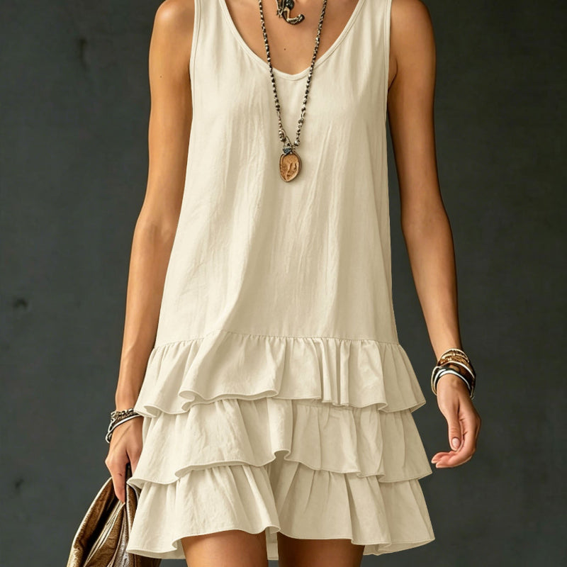 Sleeveless V-Neck Layered Ruffle Mini Dress - white