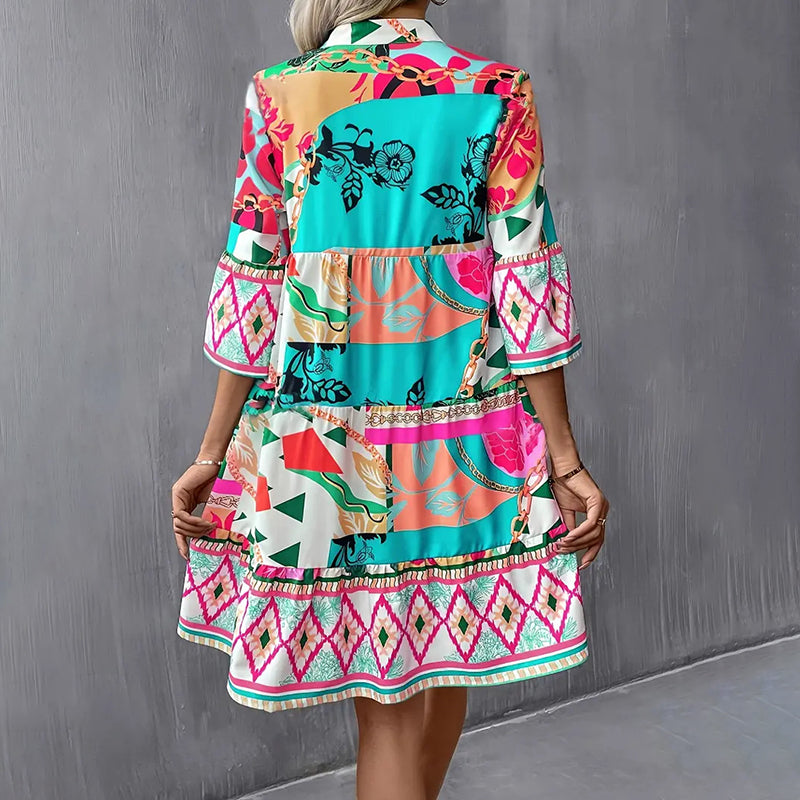 V-Neck Printed Flared Sleeve Pleated Mini Dress