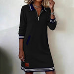 Lapel Zipper Pockets Long Sleeve Dresses - black