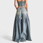 Strapless Denim Corset Crop Top & High - Waisted PleatedWide - Leg Pants Set