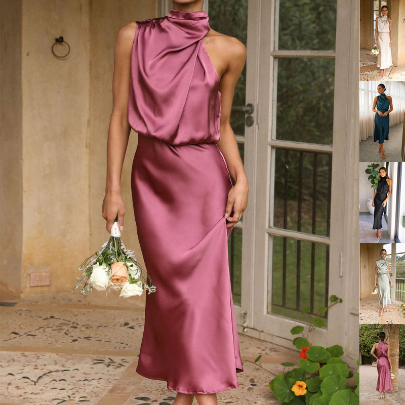 Draped Halter Neck Satin-Finish Midi Dress