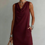 Draped Neck Sleeveless Vacation Mini Dress - maroon