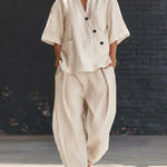 Loose-fit V-neck Top And High-waist Trousers - whte