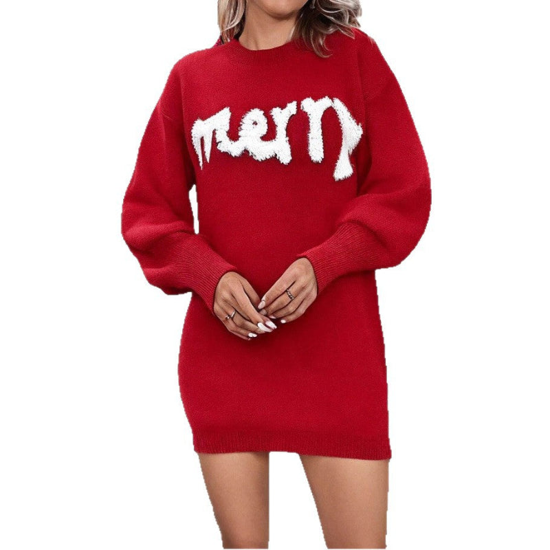 Merry Christmas Lantern Sleeve Knit Mini Dress - red