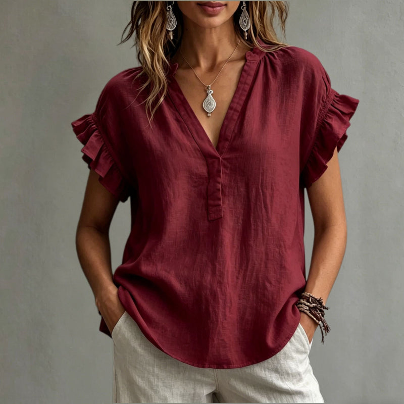 Casual V-Neck Cotton-Linen Blouse - wine red