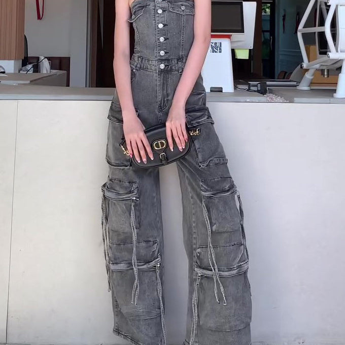 Denim Tube Top Single-breasted Jumpsuit