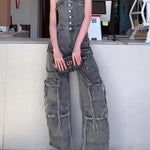 Denim Tube Top Single-breasted Jumpsuit