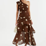 One-Shoulder Lace-Up Backless Large Polka-Dot Four-Tier Ruffle Chiffon Midi Dress —Brown