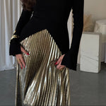Black Bell Sleeve Irregular Hem Top & Pleated Maxi Skirt Set