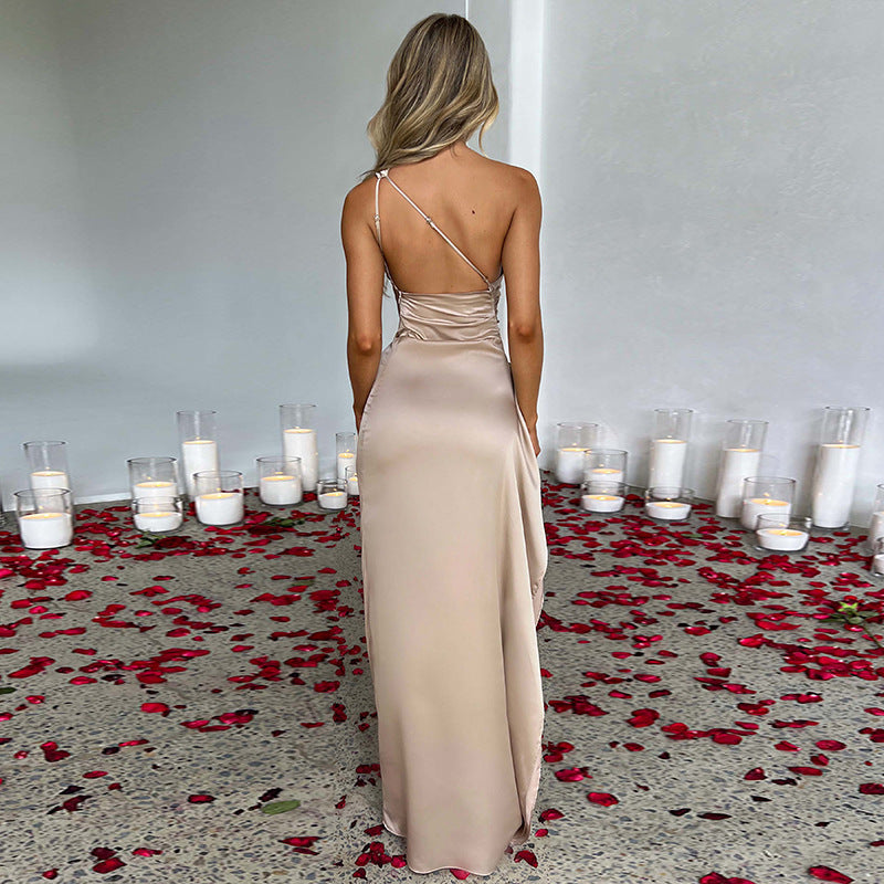 One-shoulder Backless Slit Maxi Dress - beige