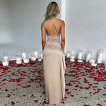 One-shoulder Backless Slit Maxi Dress - beige