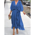 Batwing Sleeve V-neck Midi Dress - blue