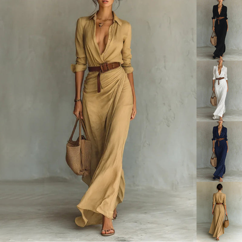Belted Wrap-Drape Maxi Shirt Dress - khaki