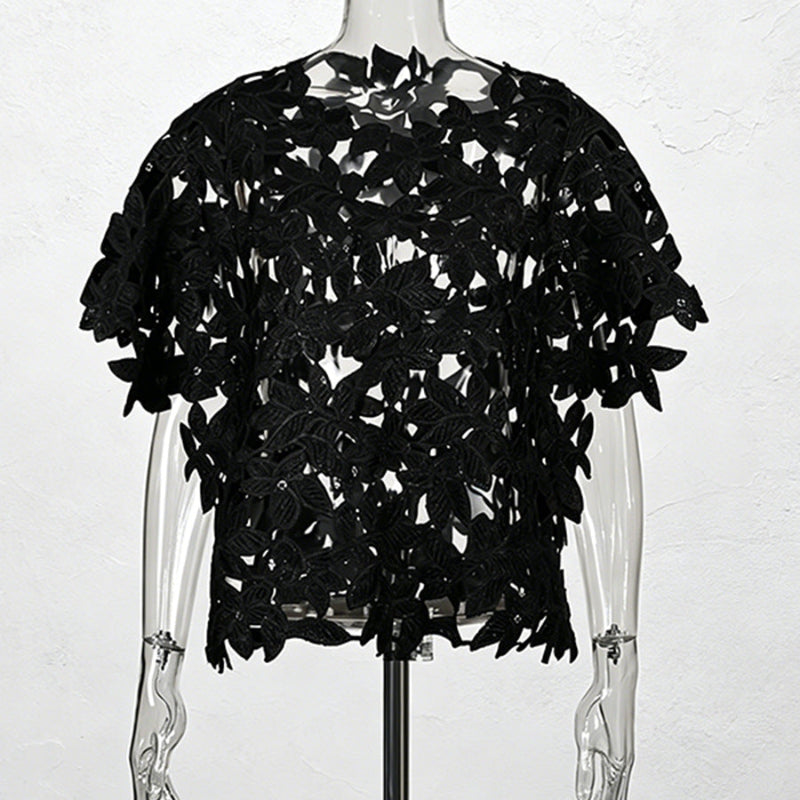 Black Floral Lace Cut-Out Short Sleeve Top