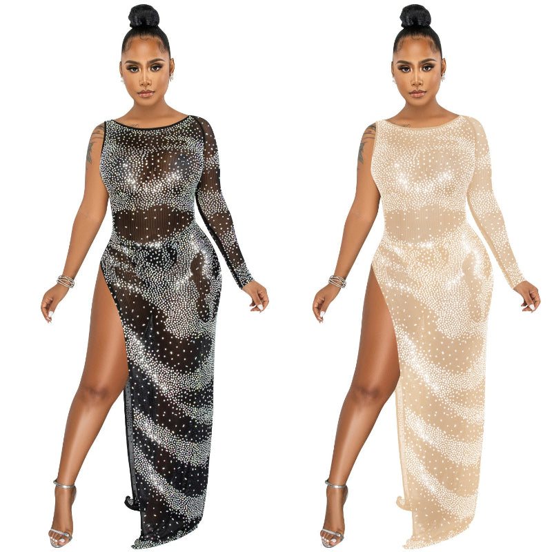 Rhinestone Single Long Sleeve Irregular Slit Maxi Dress