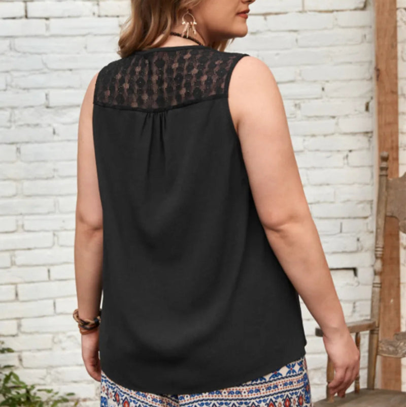 Plus Size V-Neck Tank Top with white lace detail on a hange