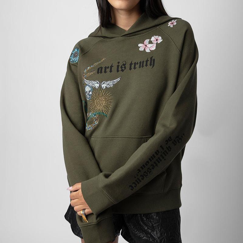 Flower Skull Wing Embroidery Sweatshirt