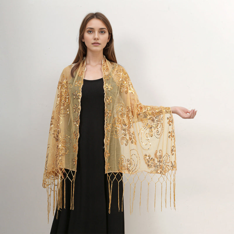 Long Fringe Sequin Embroidered Shawl