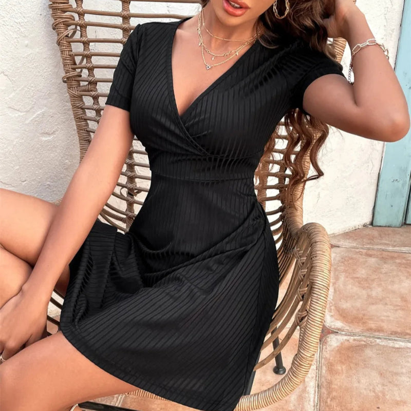 Surplice Short Sleeve Mini Dress - runwayfashionista.com