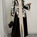 V-neck Long Sleeve Printed Flared Midi Dress - apricot