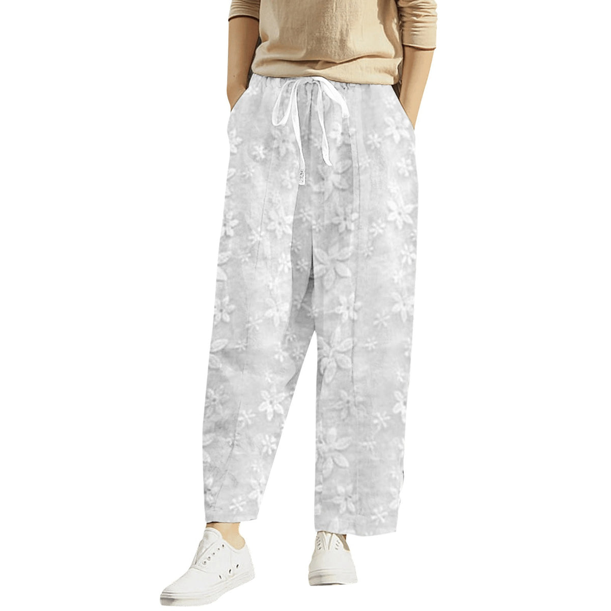 Hemp Embroidery Lace Up Casual Pants - runwayfashionista.com