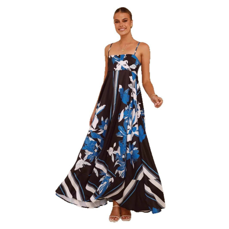 A collection of large swing suspender midi dresses in various prints and colors, including purple stripes, brown stripes, red floral, and different floral patterns.