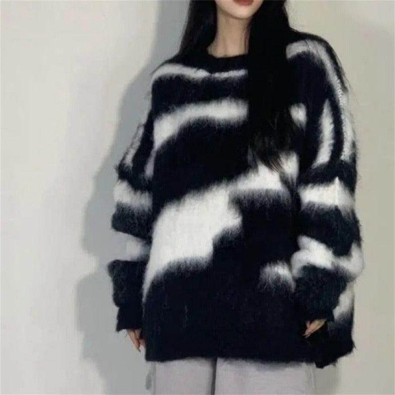 Mid-length imitation mink striped sweater - runwayfashionista.com