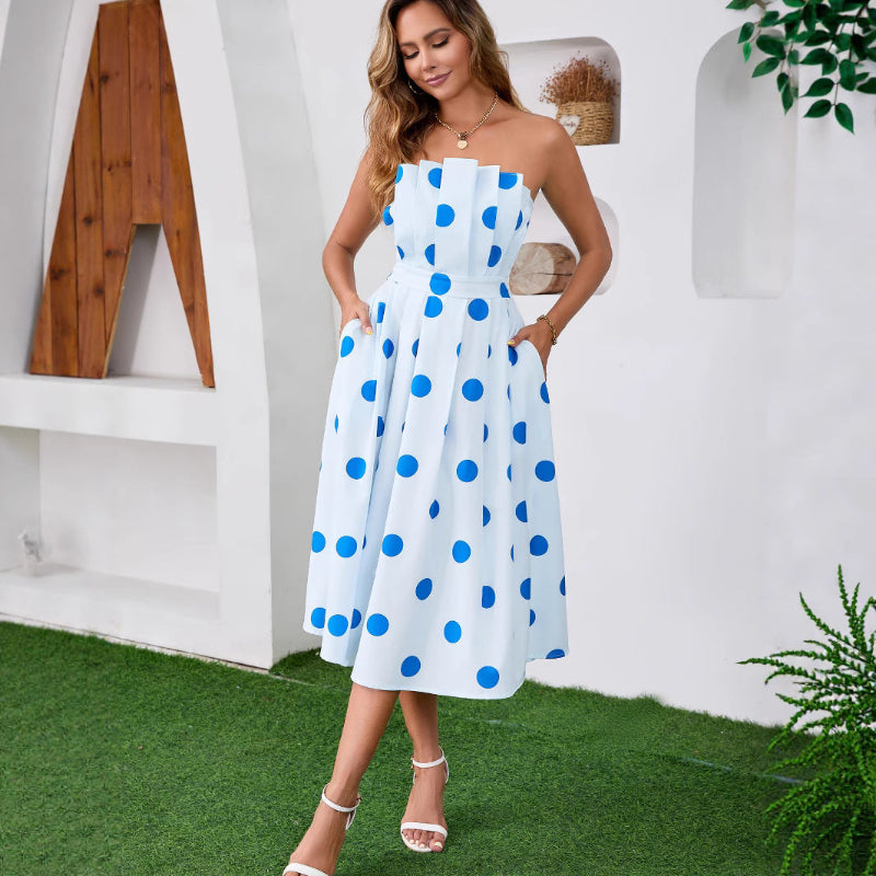Tie-up Midi Dress with Large Polka Dots- light blue