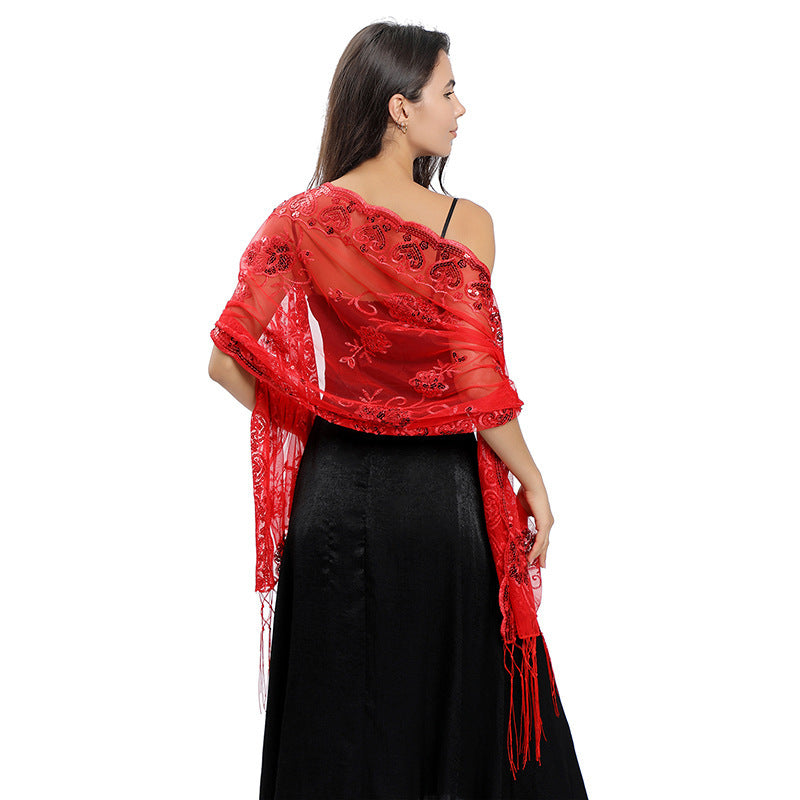 Flower Sequin Embroidered Long Fringe Shawl
