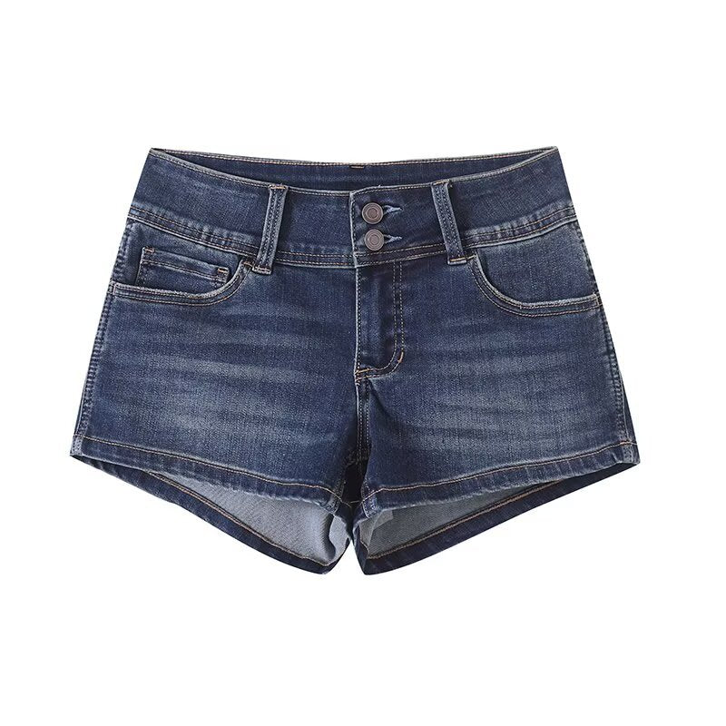 A pair of low-waisted, straight-leg dark blue denim shorts with front and back pockets and a zipper fly.