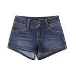 A pair of low-waisted, straight-leg dark blue denim shorts with front and back pockets and a zipper fly.