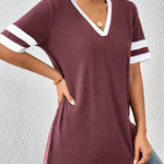 Contrast Trim V-Neck Short Sleeve T-Shirt - runwayfashionista.com