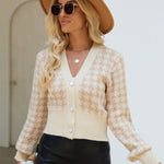 Houndstooth Button Up Long Sleeve Cardigan - runwayfashionista.com