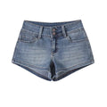 A pair of low-waisted, straight-leg dark blue denim shorts with front and back pockets and a zipper fly.