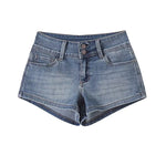 A pair of low-waisted, straight-leg dark blue denim shorts with front and back pockets and a zipper fly.