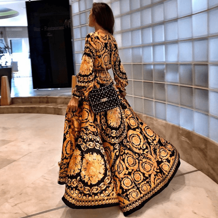 Vintage Gold Print Maxi Dress - runwayfashionista.com