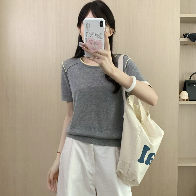 Round Neck Short Sleeve Silk Top