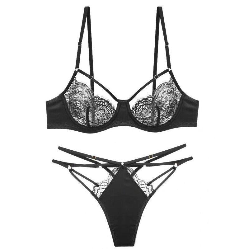 Half Cup Lace Underwire Bra with Panty - runwayfashionista.com