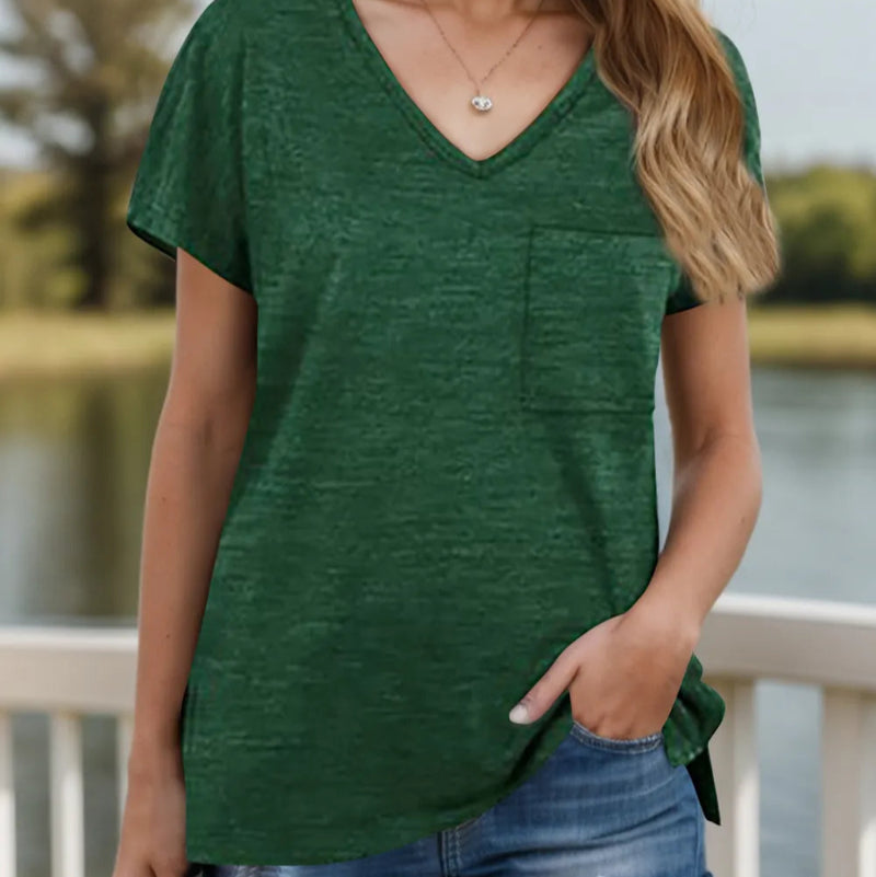 Pocketed Heathered V-Neck Short Sleeve T-Shirt - runwayfashionistacom