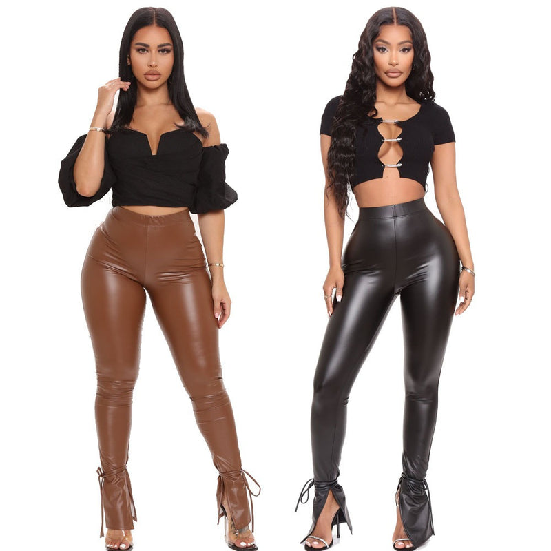 High Elastic Strap Micro Horn Side Split Pu Leather Pants - runwayfashionista.com