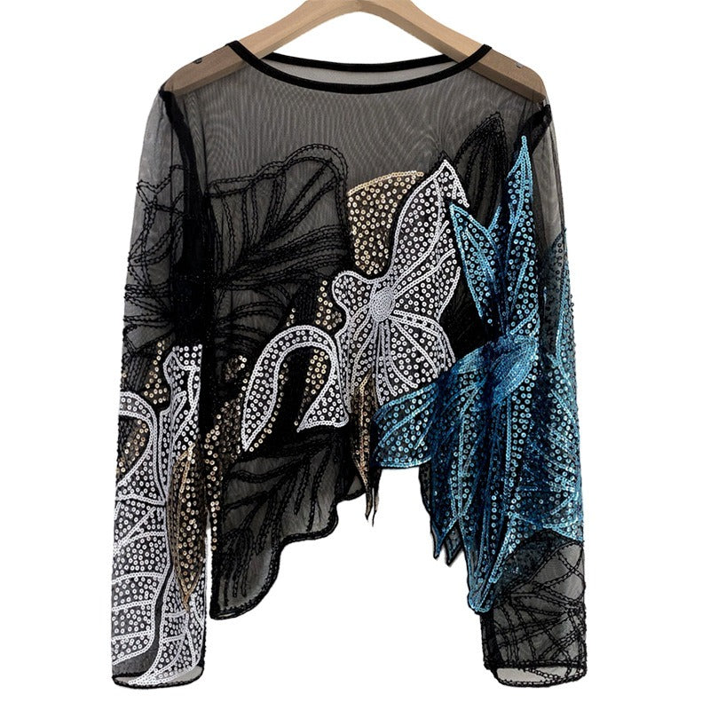 Studded sequin top thin long sleeved - runwayfashionista.com